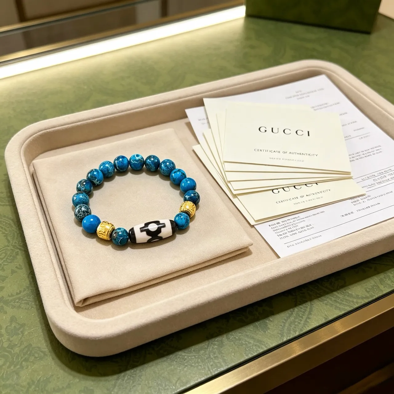 Gucci Blue Gold Beaded Turquoise-Style Stone Bracelet 9