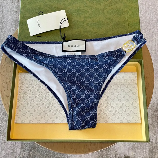 Gucci Blue Gold Monogrammed Denim-Effect Halter Triangle Top Swimwear 4