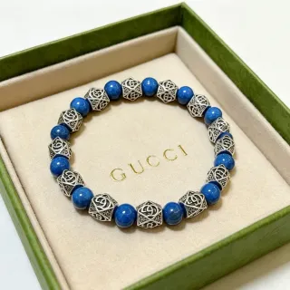 Gucci Blue Silver Beaded Alternating Stone And Metal Bracelet