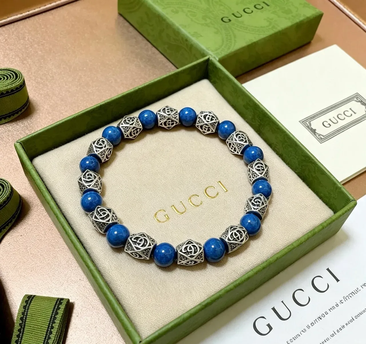 Gucci Blue Silver Beaded Alternating Stone And Metal Bracelet 2