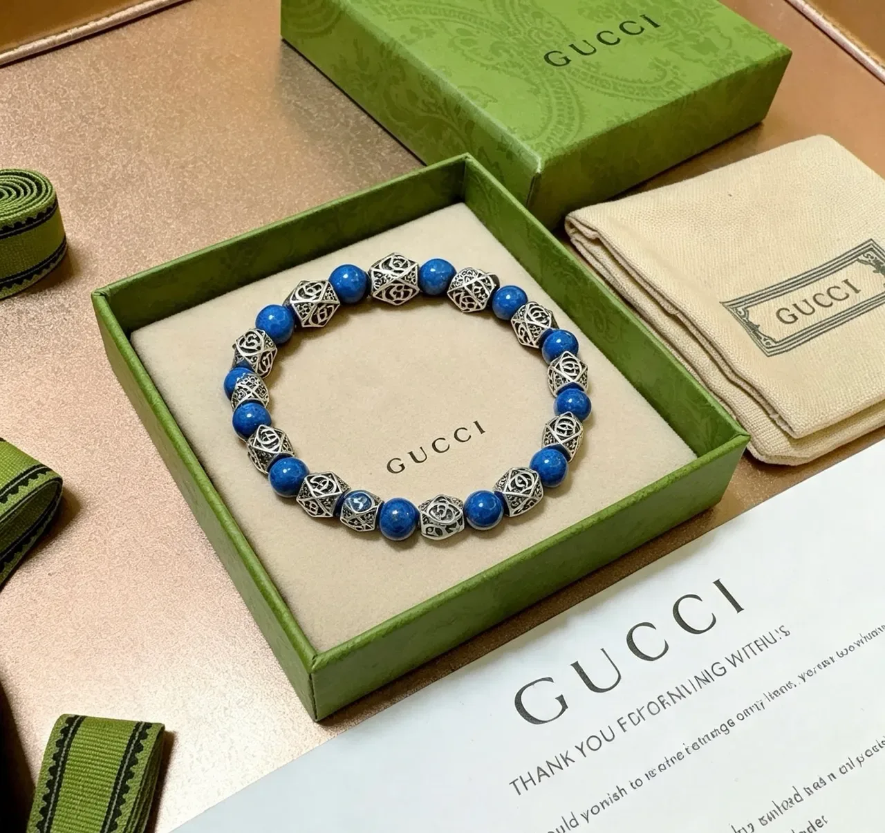 Gucci Blue Silver Beaded Alternating Stone And Metal Bracelet 4