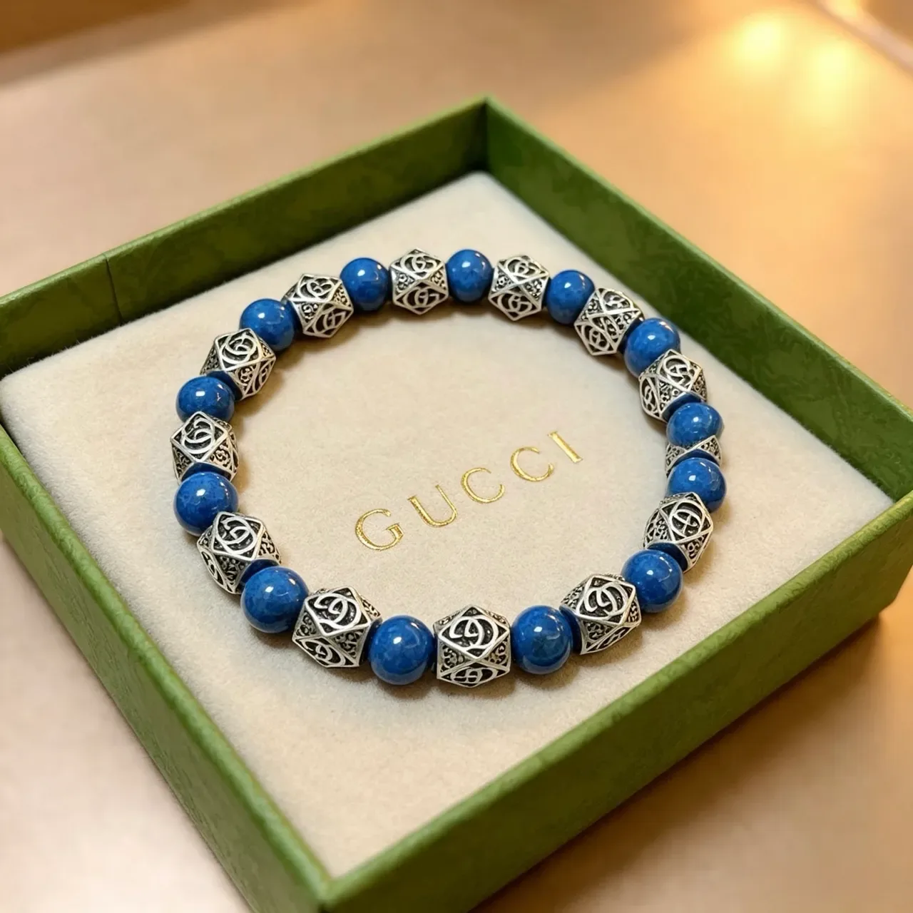 Gucci Blue Silver Beaded Alternating Stone And Metal Bracelet 5