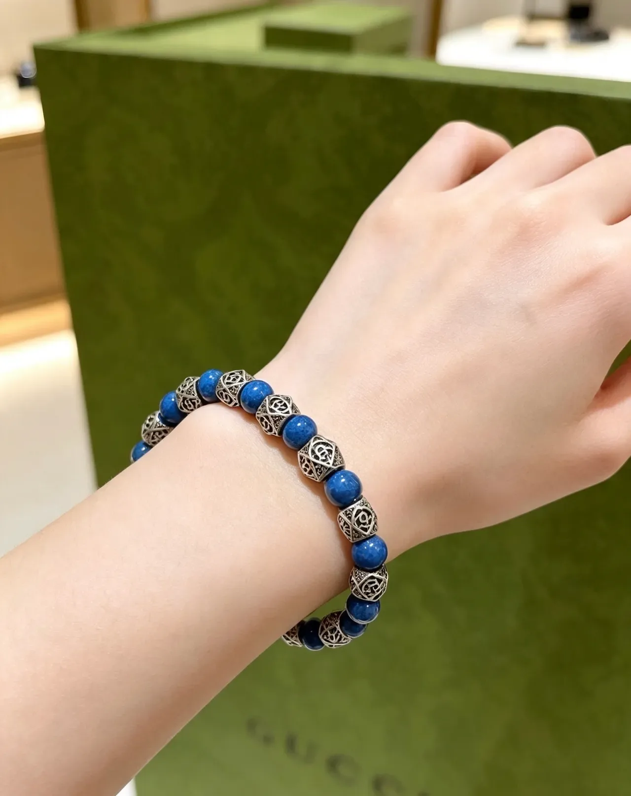 Gucci Blue Silver Beaded Alternating Stone And Metal Bracelet 6