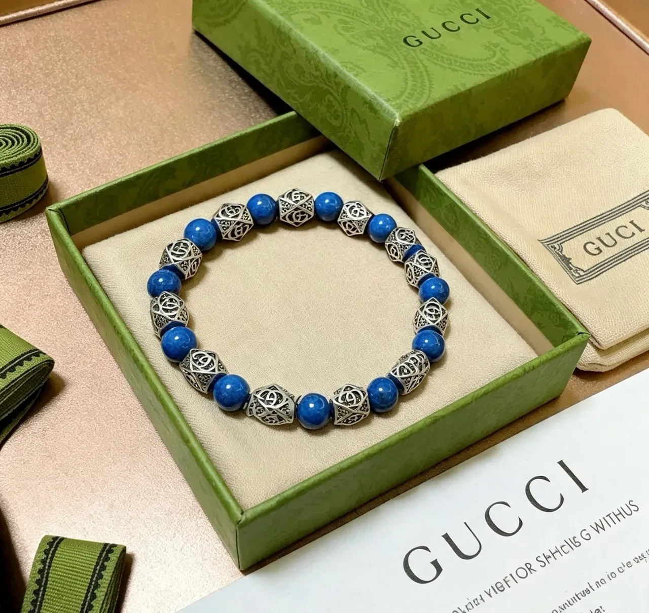 Gucci Blue Silver Beaded Alternating Stone And Metal Bracelet 7