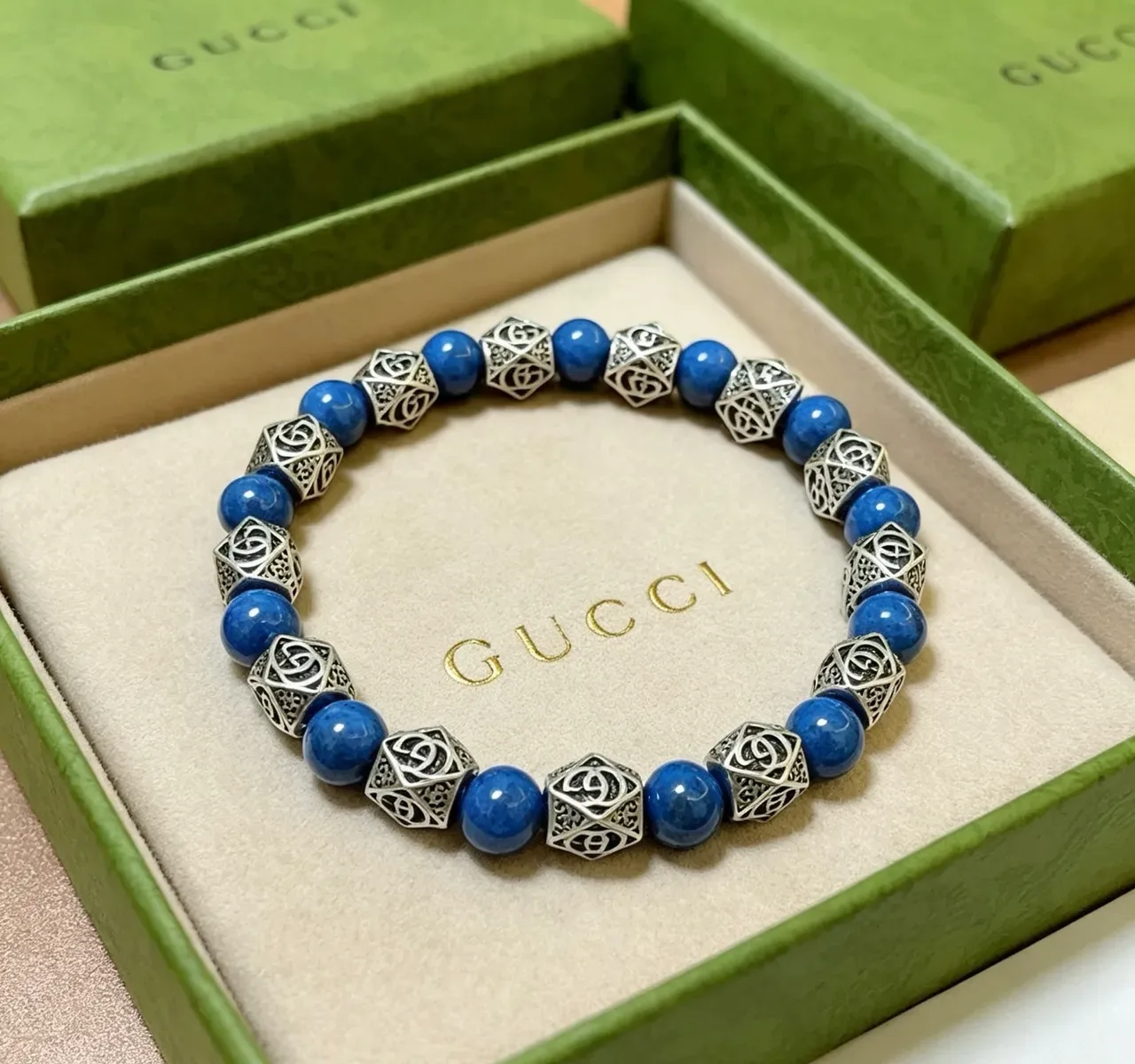 Gucci Blue Silver Beaded Alternating Stone And Metal Bracelet 9