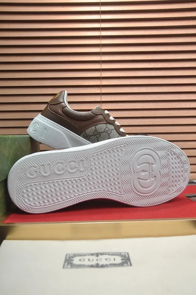 Gucci Marrom Bege GG Monograma Painéis Lona Couro Tênis Lifestyle 7