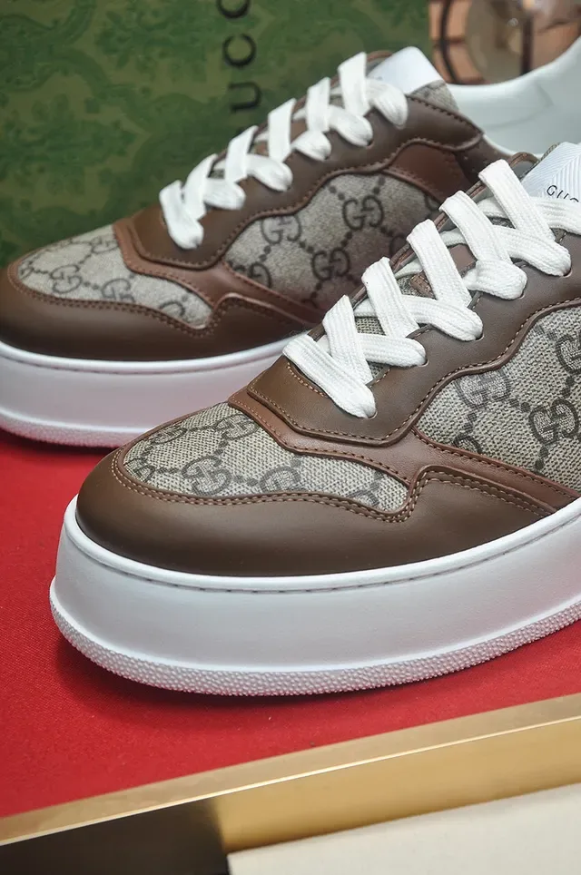 Gucci Marrom Bege GG Monograma Painéis Lona Couro Tênis Lifestyle 8