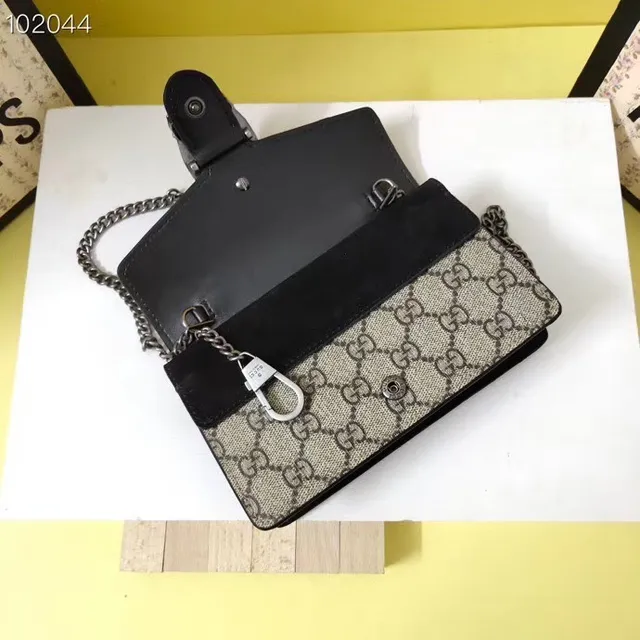 Gucci Dionysus Beige Black GG Monogram Canvas Horsebit Clasp Handbag 23