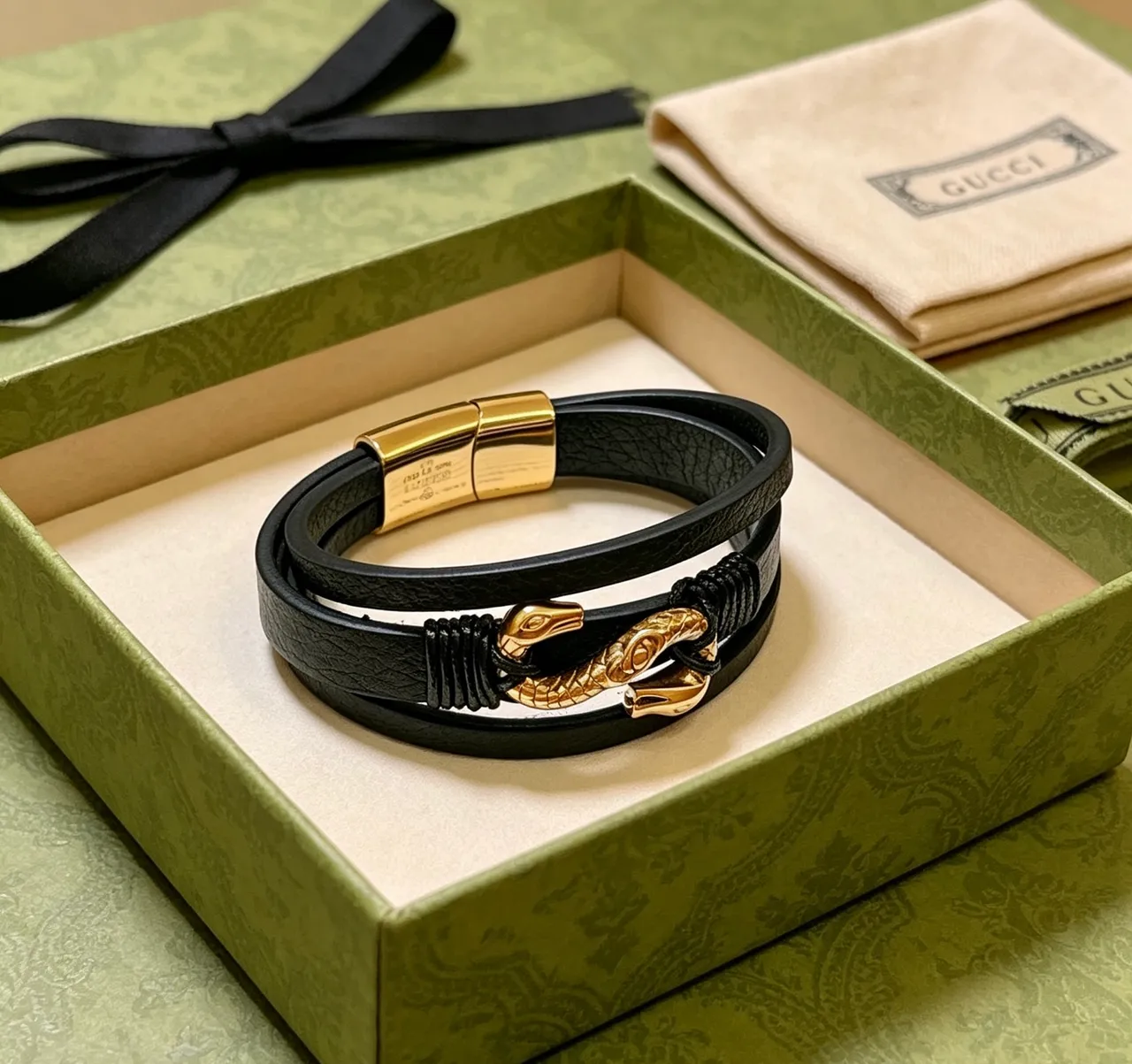 Gucci Dionysus Double Snake Head Black Leather Wrap Bracelet 3