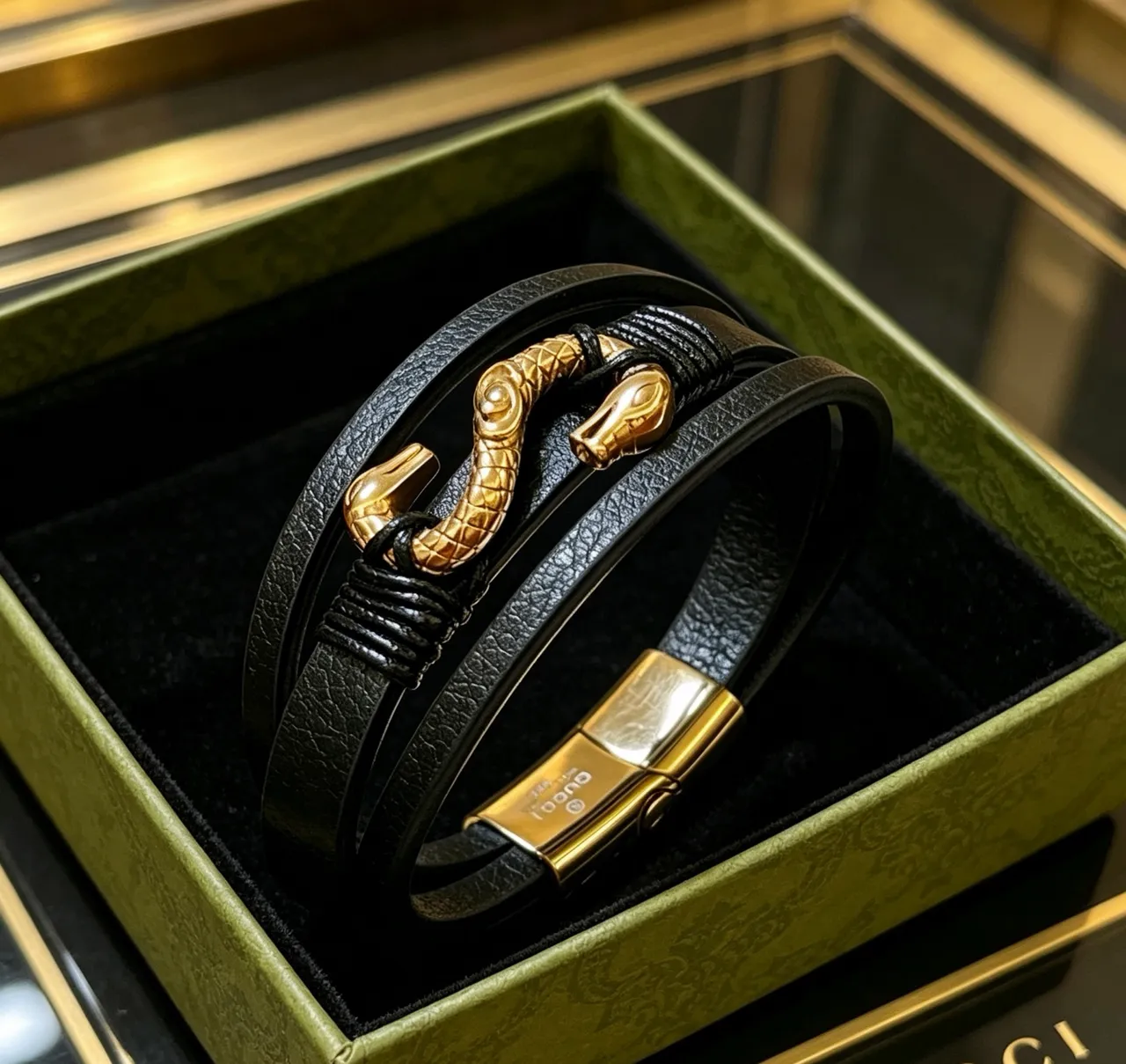 Gucci Dionysus Double Snake Head Black Leather Wrap Bracelet 4