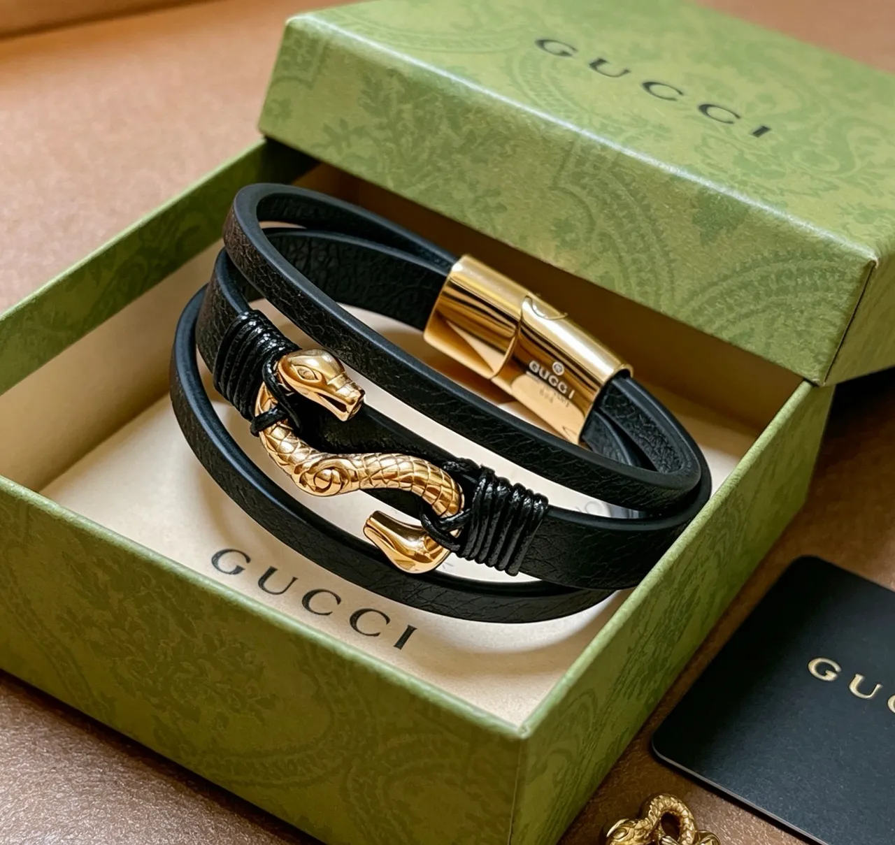 Gucci Dionysus Double Snake Head Black Leather Wrap Bracelet 6