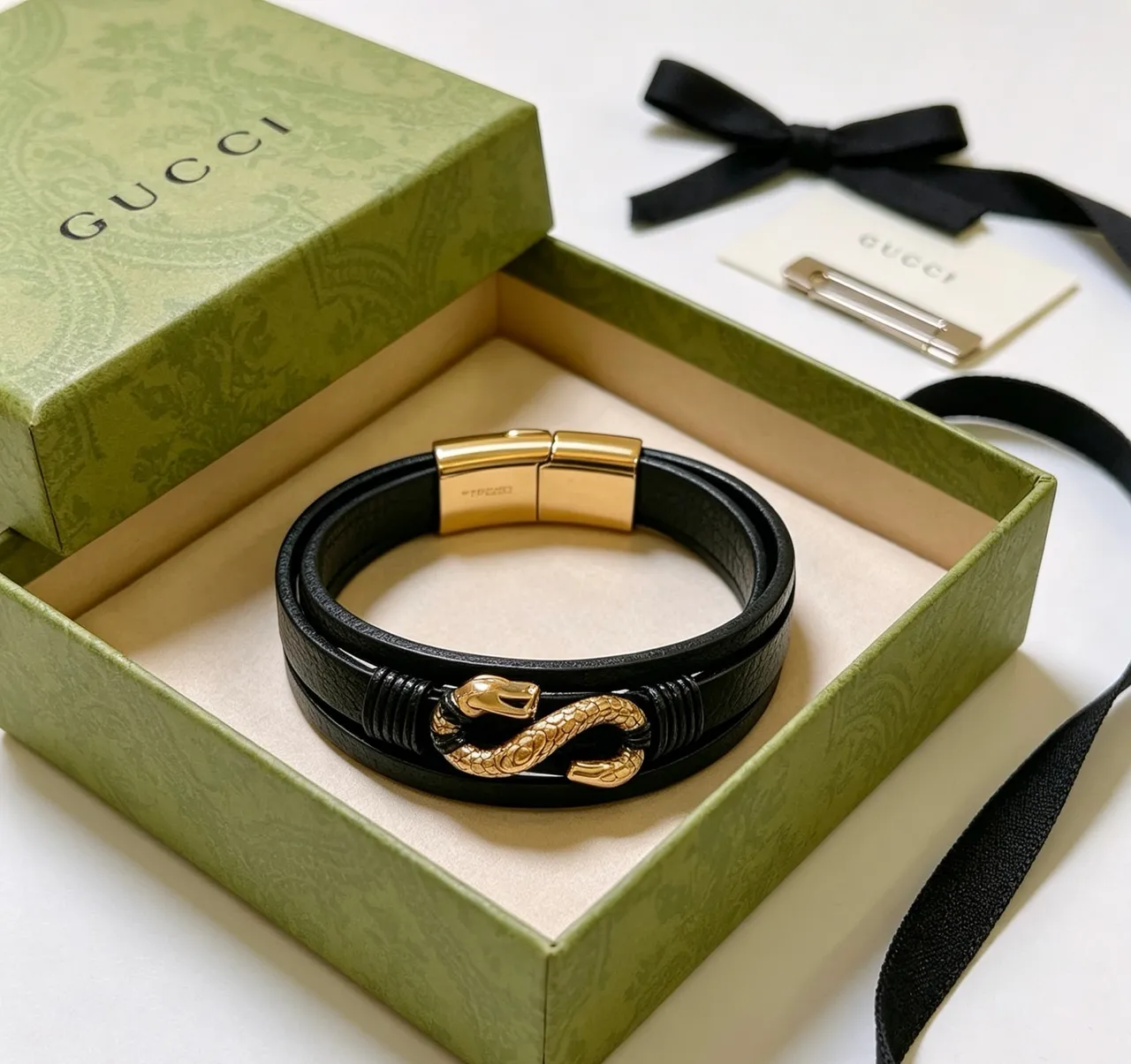 Gucci Dionysus Double Snake Head Black Leather Wrap Bracelet 7