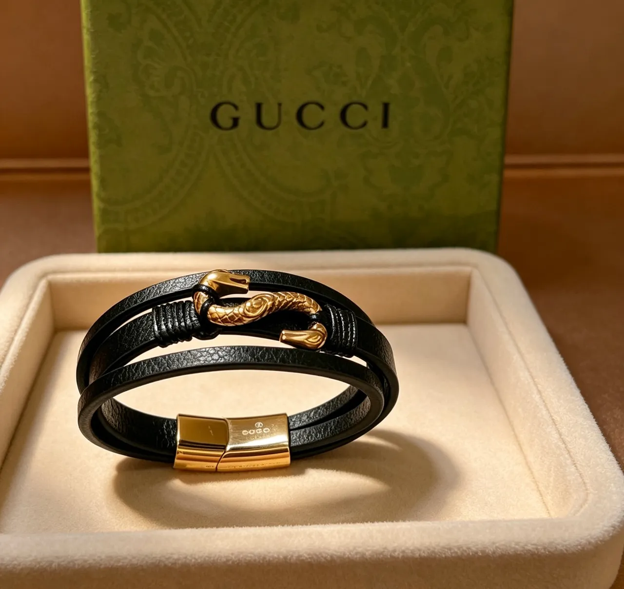 Gucci Dionysus Double Snake Head Black Leather Wrap Bracelet 9