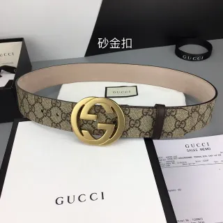 Gucci डबल जी बेल्ट भूरा सोना GG सर्वोच्च कैनवास इंटरलॉकिंग बकल चमड़े का बेल्ट
