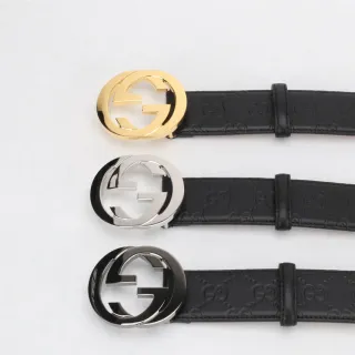 Gucci Double G Cinto Preto Dourado Fivela Interlocking Embossed GG Monograma Cinto de Couro