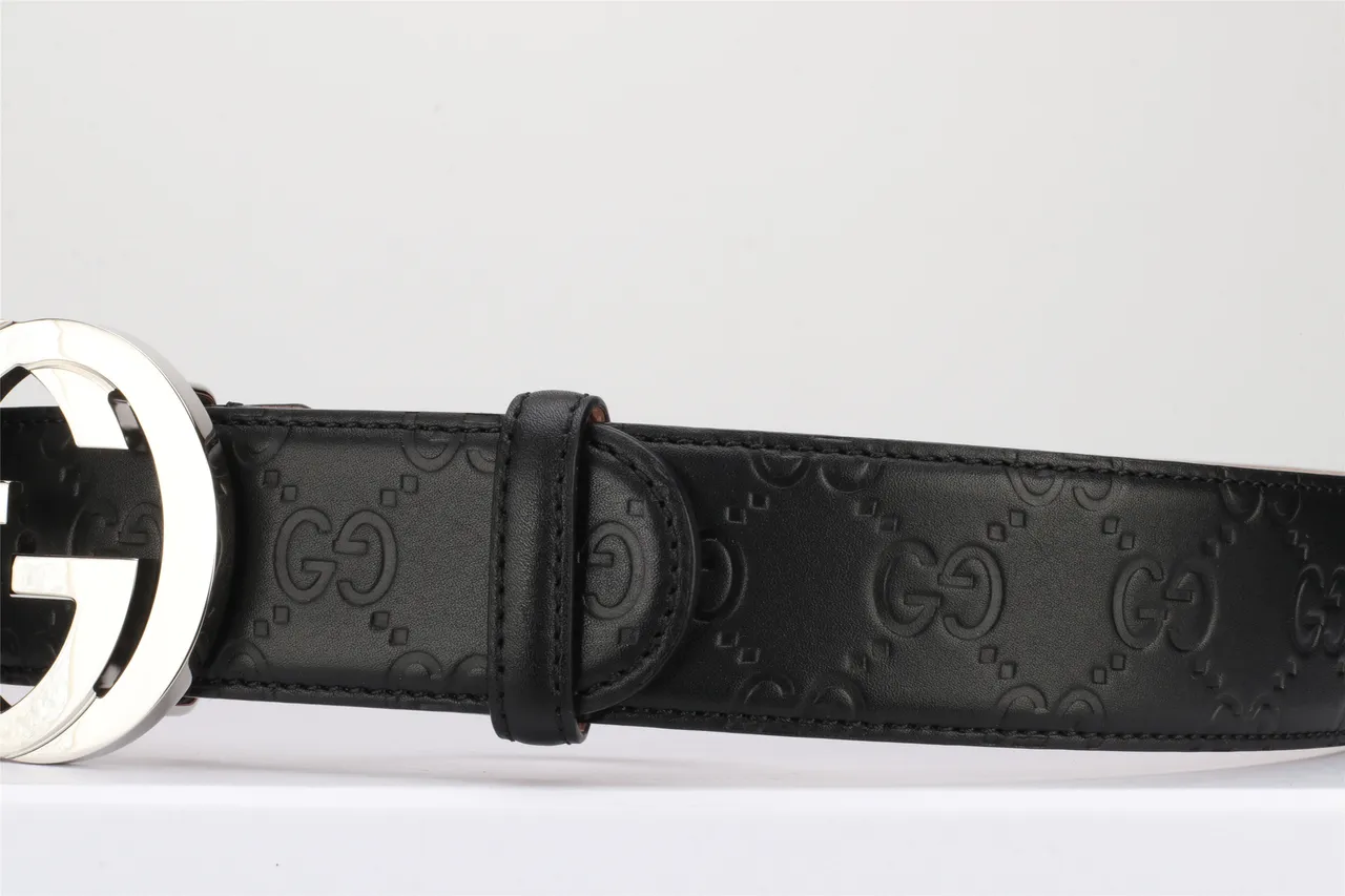 Gucci Double G Belt Black Gold Interlocking Buckle Embossed GG Monogram Leather Belt 14