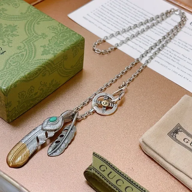 Gucci Feather Silver Gold Chain Dual Pendant Necklace 6