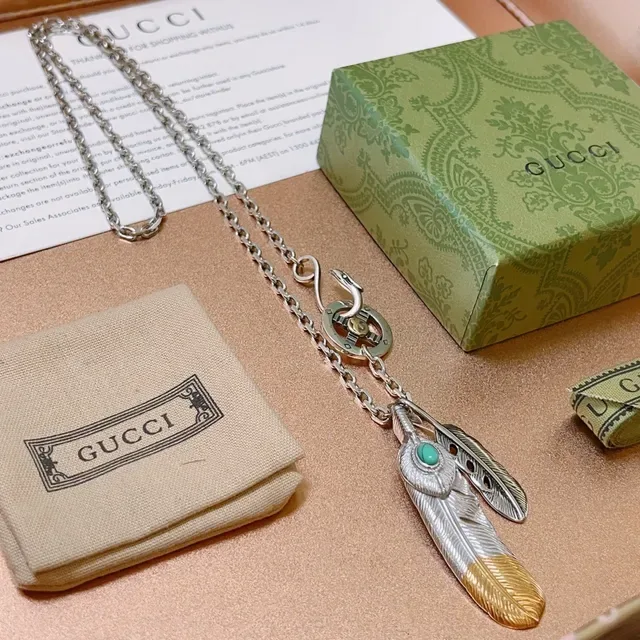 Gucci Feather Silver Gold Chain Dual Pendant Necklace 7