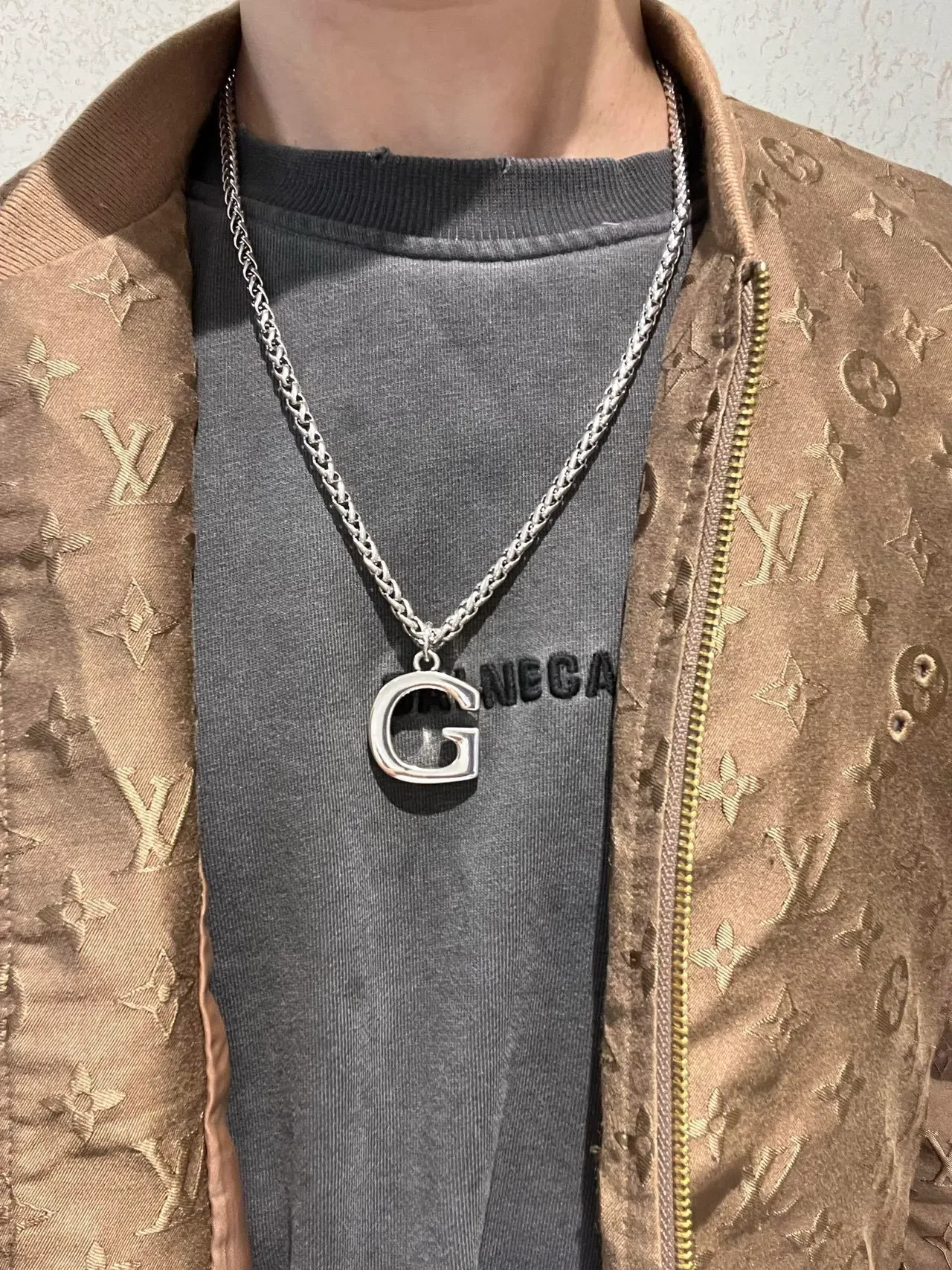Gucci G-Logo Prata Verde Corrente Trançada Eslabões de Trigo Pingente Aberto Colar 5