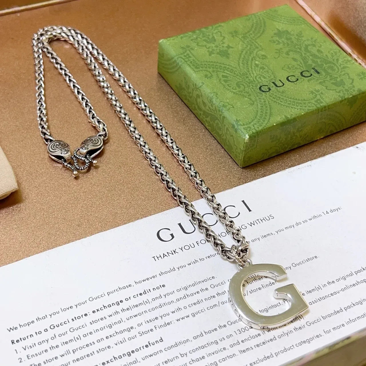 Gucci G-Logo Prata Verde Corrente Trançada Eslabões de Trigo Pingente Aberto Colar 6