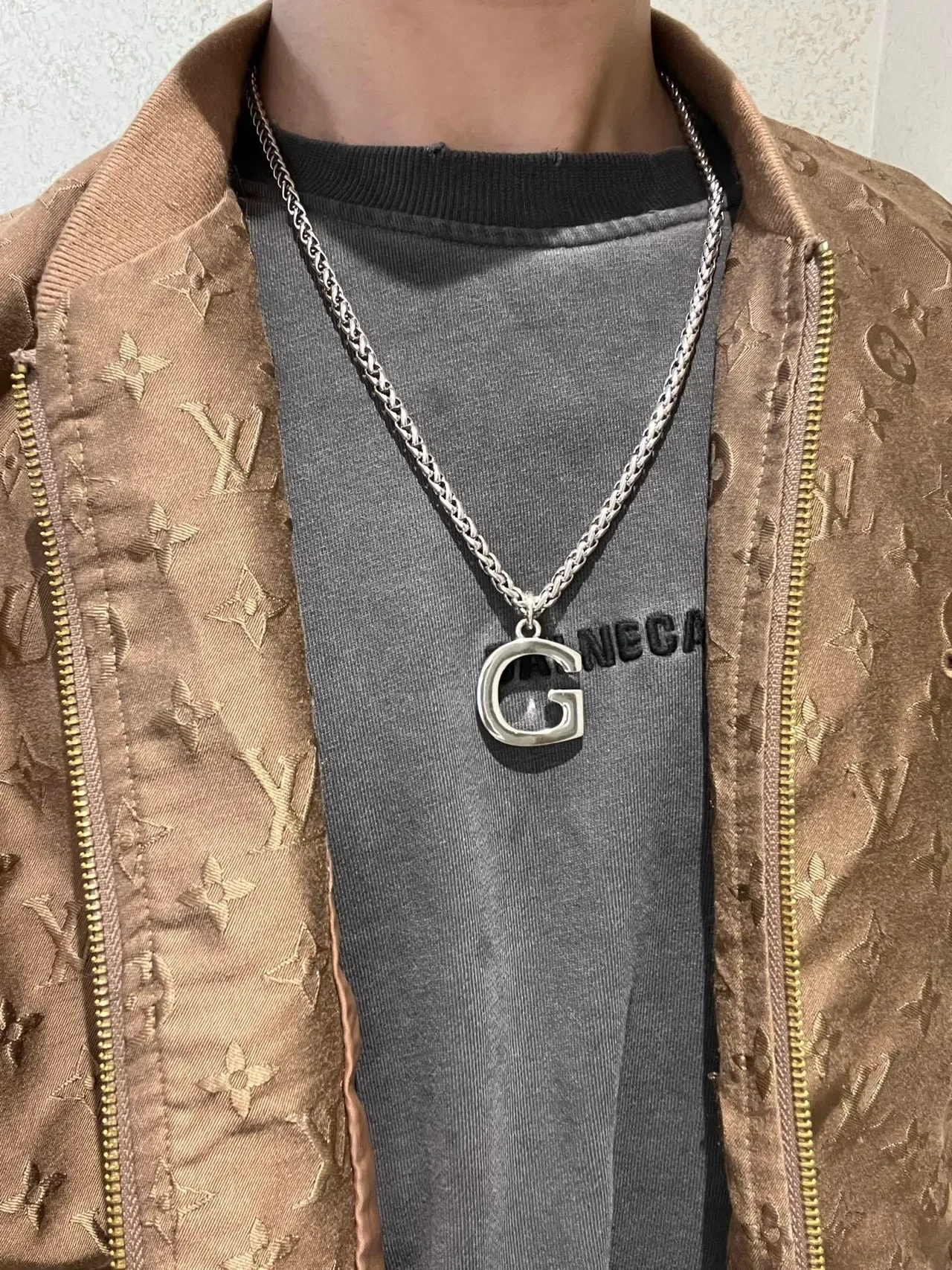 Gucci G-Logo Prata Verde Corrente Trançada Eslabões de Trigo Pingente Aberto Colar 8