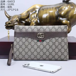 Gucci GG Beige Brown Monogram Canvas Leather-Trimmed Flap Envelope Clutch