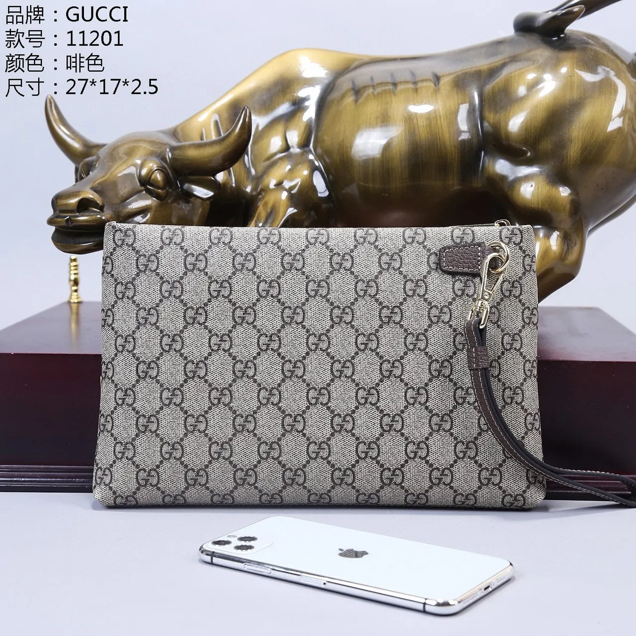 Gucci GG बेज ब्राउन मोनोग्राम कैनवास लेदर-ट्रिम्ड फ्लैप एनवेलप क्लच 4