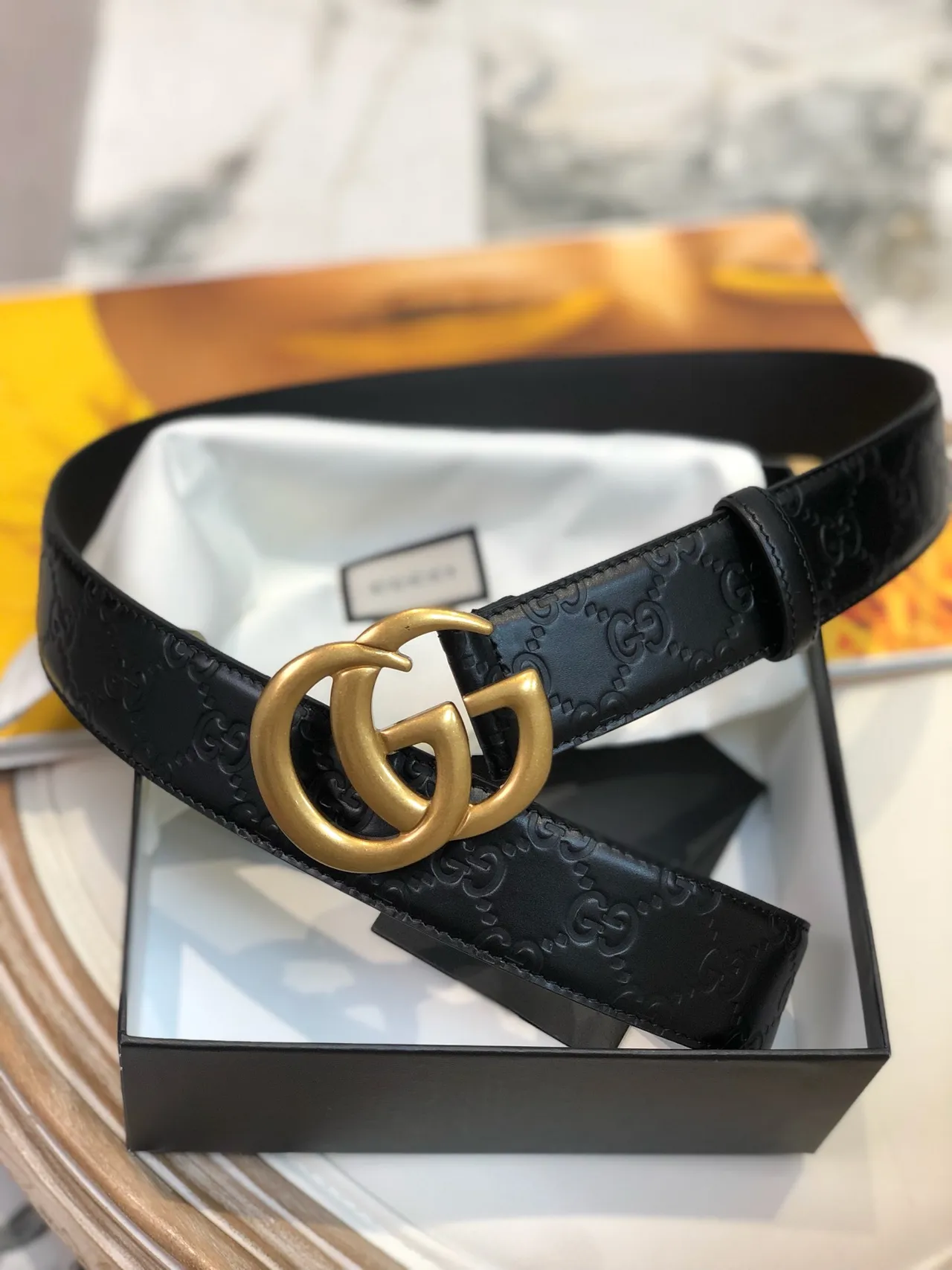 Gucci GG Marmont Black Gold Double G Buckle Leather Belt 6