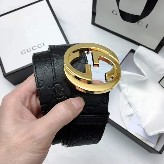 Gucci GG Marmont Noir Or Embossed Monogram Large Boucle Interlocking G Ceinture en Cuir 3