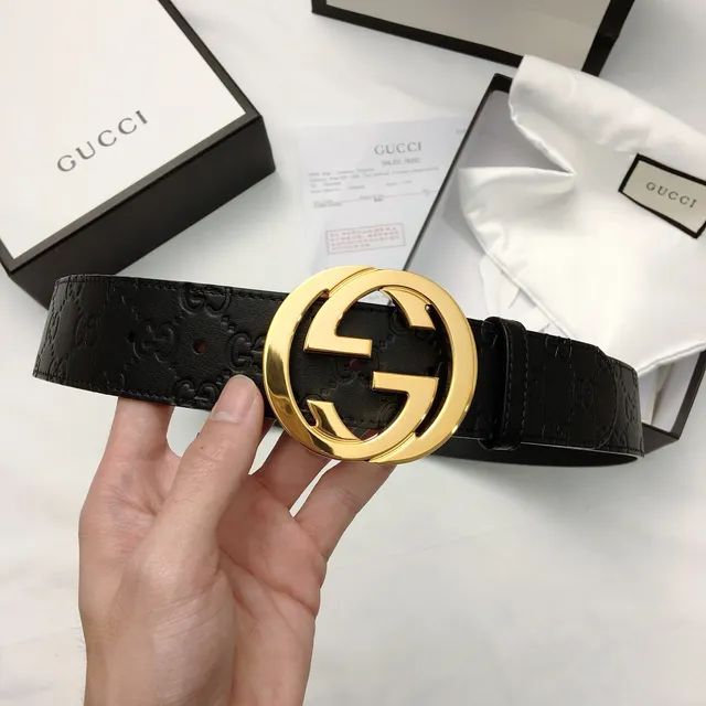Gucci GG Marmont Noir Or Embossed Monogram Large Boucle Interlocking G Ceinture en Cuir 4