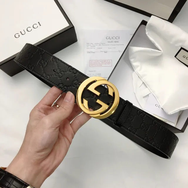 Gucci GG Marmont Noir Or Embossed Monogram Large Boucle Interlocking G Ceinture en Cuir 5