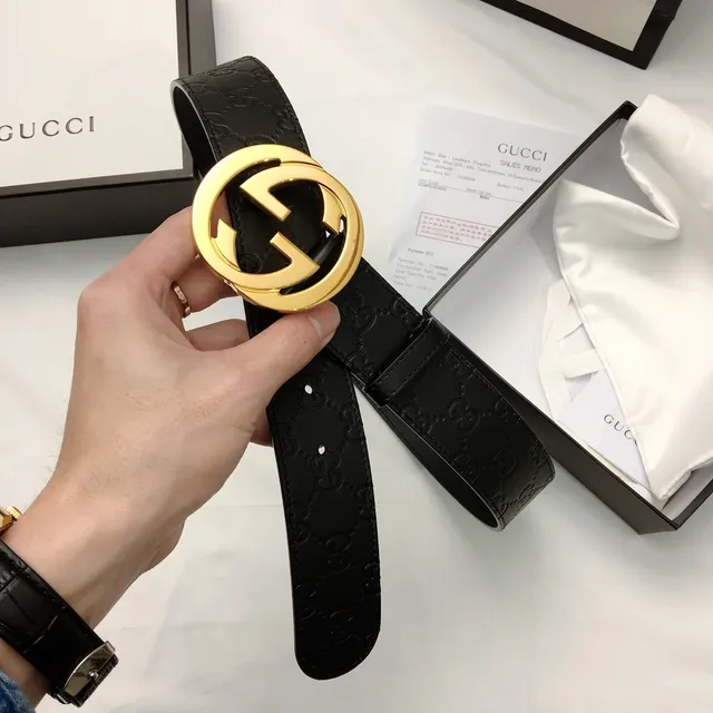 Gucci GG Marmont Noir Or Embossed Monogram Large Boucle Interlocking G Ceinture en Cuir 6