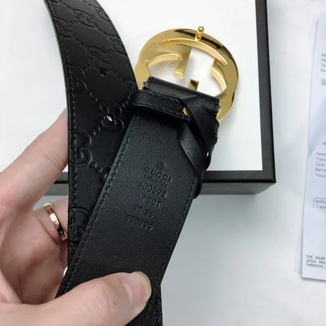 Gucci GG Marmont Noir Or Embossed Monogram Large Boucle Interlocking G Ceinture en Cuir 7