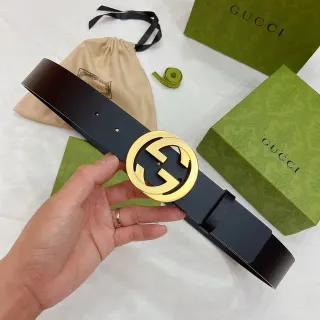 Gucci GG Marmont কালো সোনালি ম্যাট ইন্টারলকিং G বাকেল লেদার বেল্ট