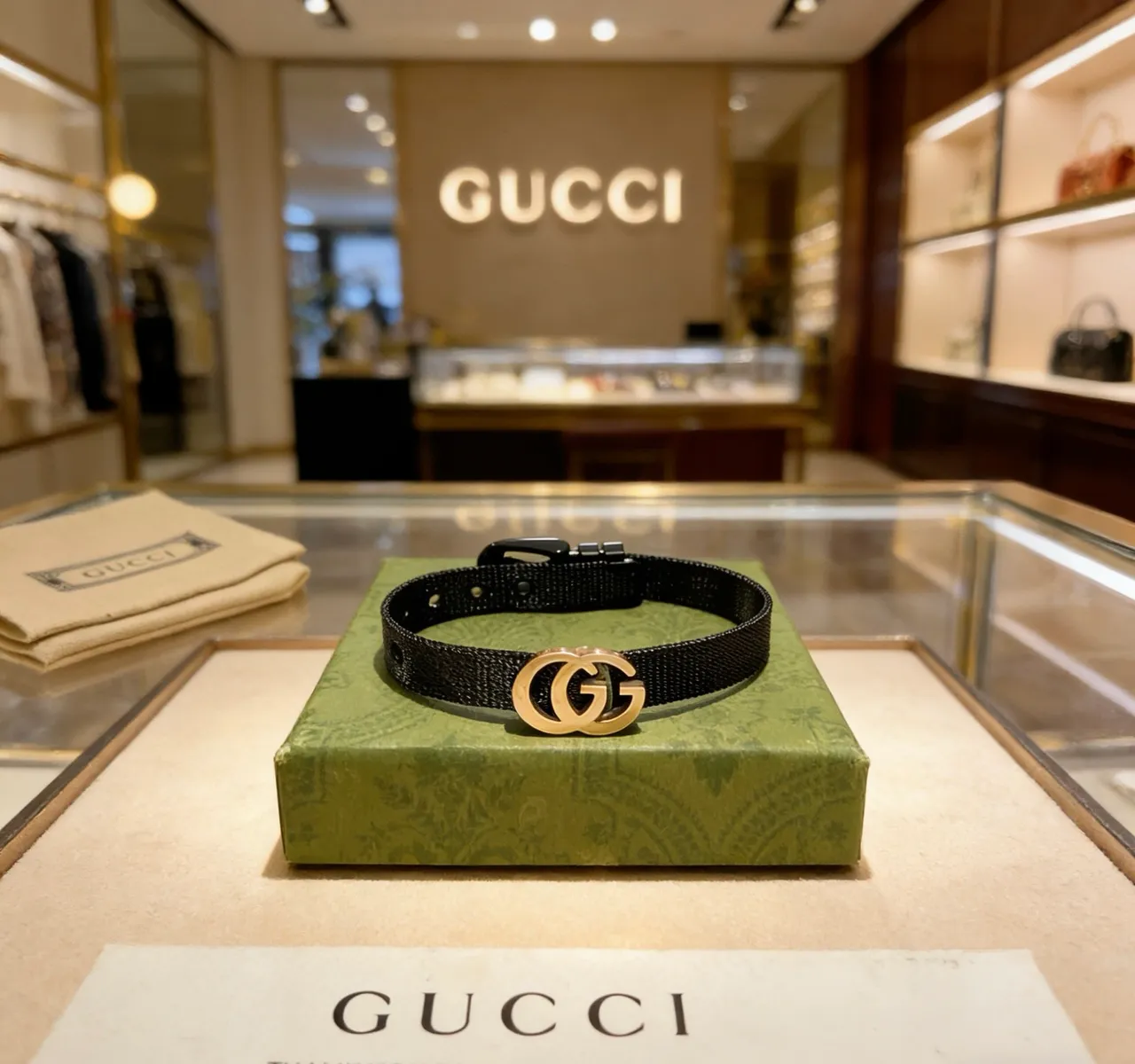 Gucci GG Marmont Pulsera Banda Tejida Negra Dorado Interlocking Double-G Clasp 7
