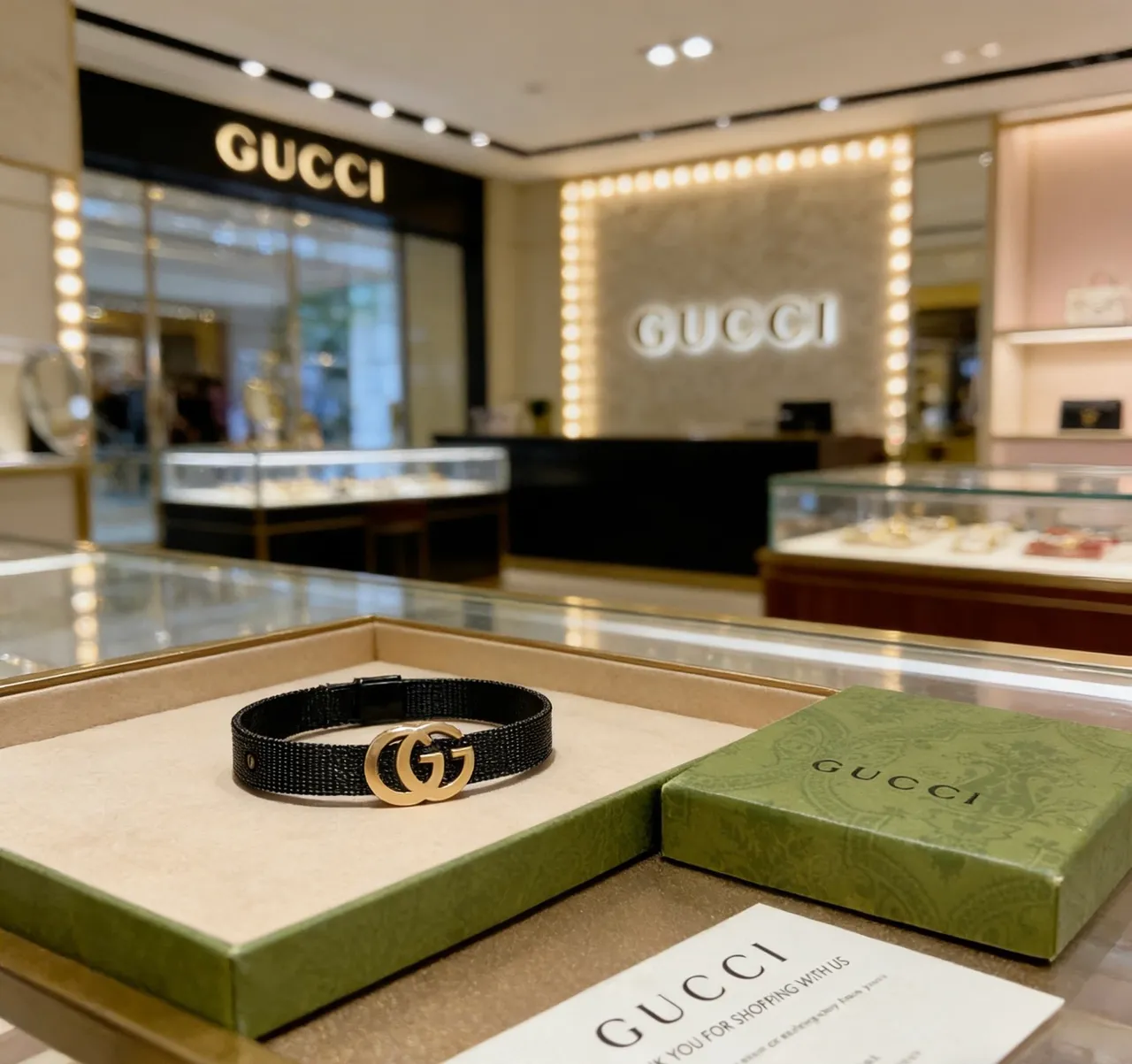 Gucci GG Marmont Pulsera Banda Tejida Negra Dorado Interlocking Double-G Clasp 8