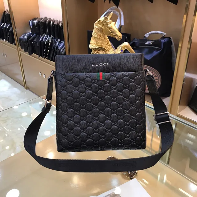 Gucci GG Marmont 黑绿色压花印花皮革 Web 条纹强调信使包 5