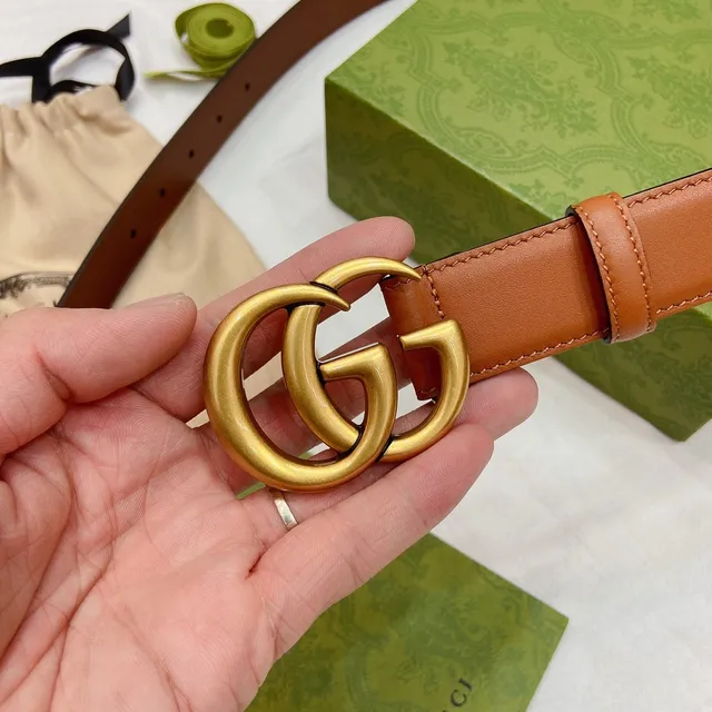 Gucci GG Marmont Brown Gold Tan Smooth Interlocking Double G Buckle Leather Belt 2