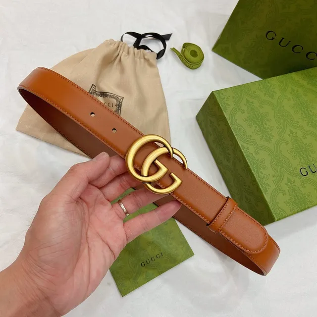 Gucci GG Marmont Brown Gold Tan Smooth Interlocking Double G Buckle Leather Belt 3
