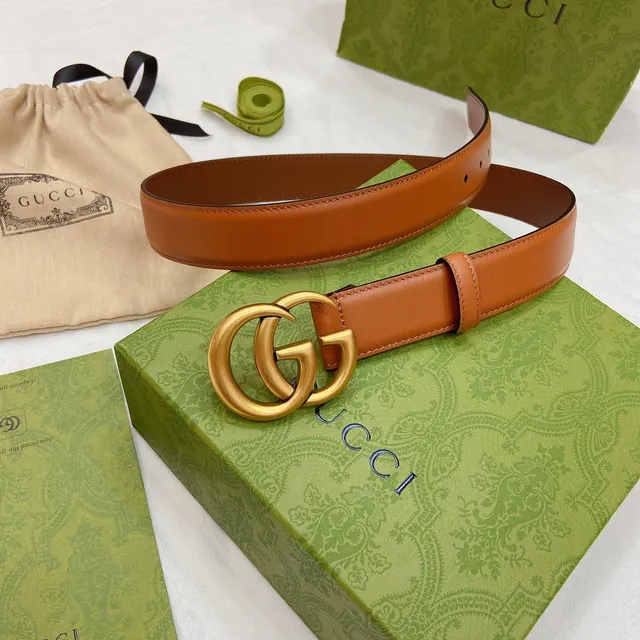 Gucci GG Marmont Brown Gold Tan Smooth Interlocking Double G Buckle Leather Belt 4