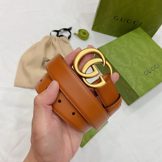Gucci GG Marmont Brown Gold Tan Smooth Interlocking Double G Buckle Leather Belt 5