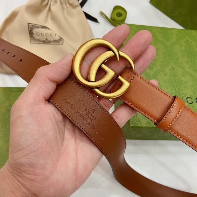 Gucci GG Marmont Brown Gold Tan Smooth Interlocking Double G Buckle Leather Belt 6
