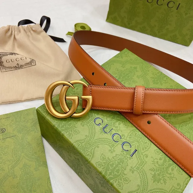 Gucci GG Marmont Brown Gold Tan Smooth Interlocking Double G Buckle Leather Belt 7