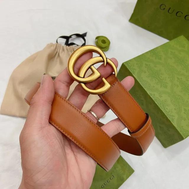 Gucci GG Marmont Brown Gold Tan Smooth Interlocking Double G Buckle Leather Belt 8