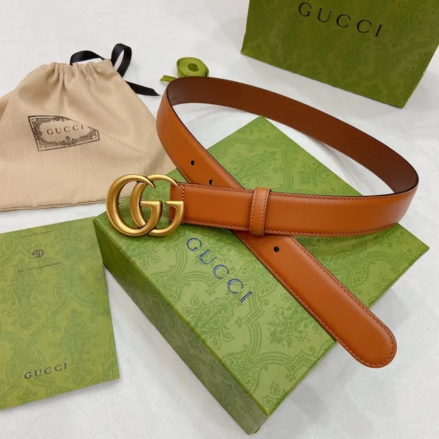 Gucci GG Marmont Brown Gold Tan Smooth Interlocking Double G Buckle Leather Belt 9