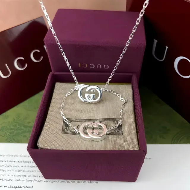 Gucci GG Marmont सोना चांदी Interlocking Double-G पेंडेंट लिंक चेन नेकलेस 7