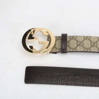 Gucci GG Marmont Interlocking G Buckle 米色和棕色皮革腰带