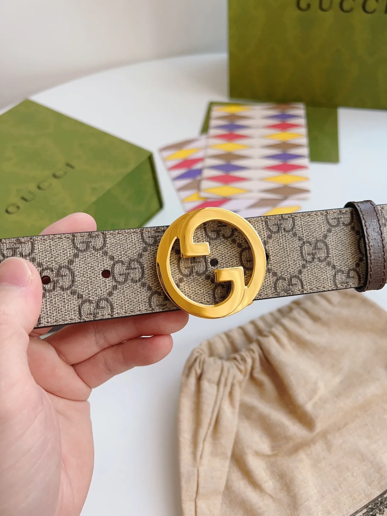 Gucci GG Marmont Interlocking G Buckle 米色帆布皮革腰带 2