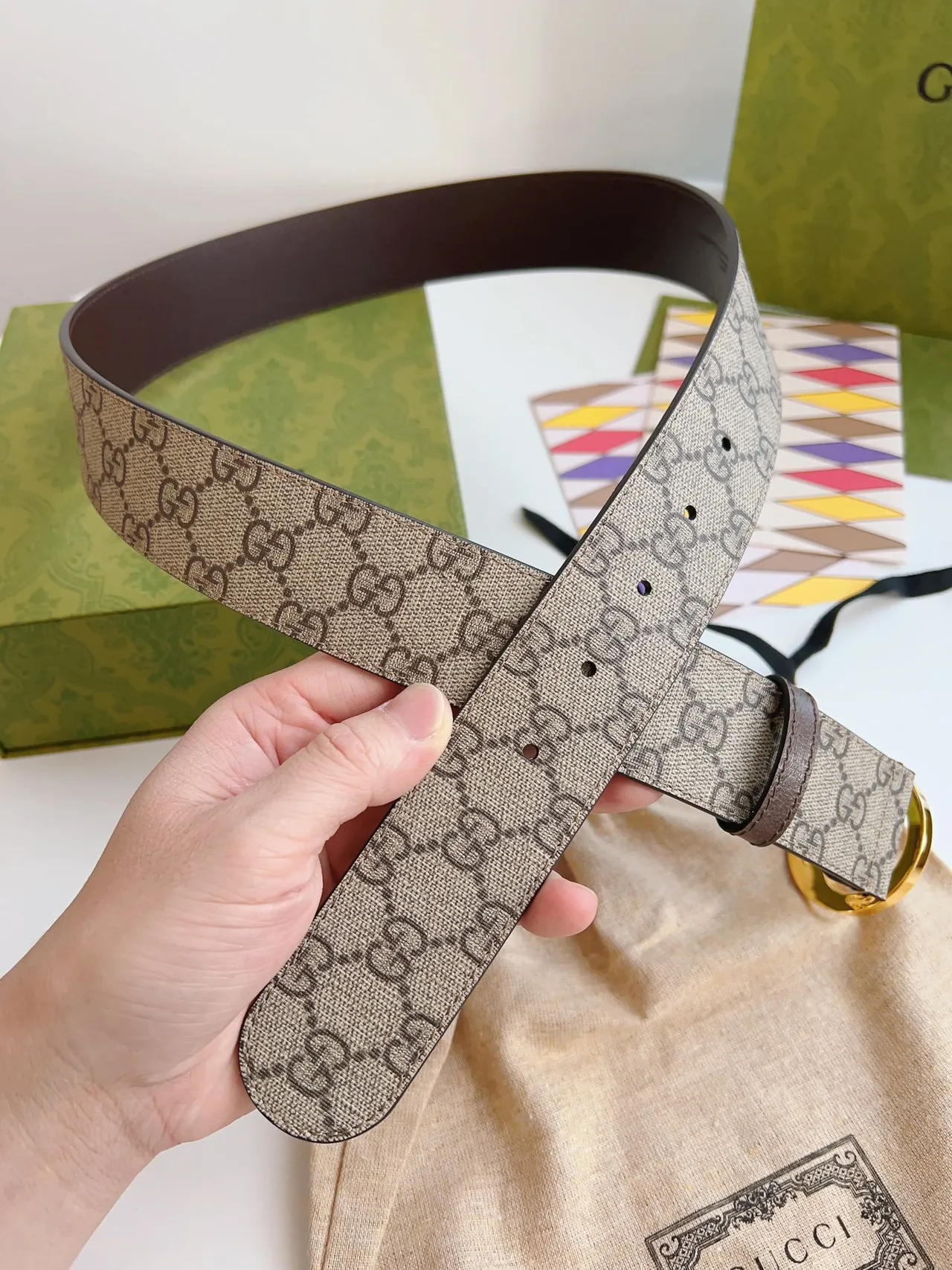 Gucci GG Marmont Interlocking G Buckle 米色帆布皮革腰带 3