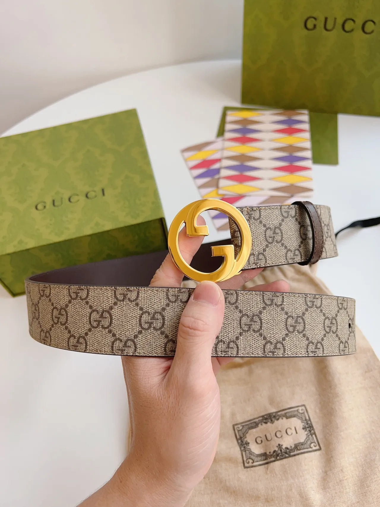 Gucci GG Marmont Interlocking G Buckle 米色帆布皮革腰带 4